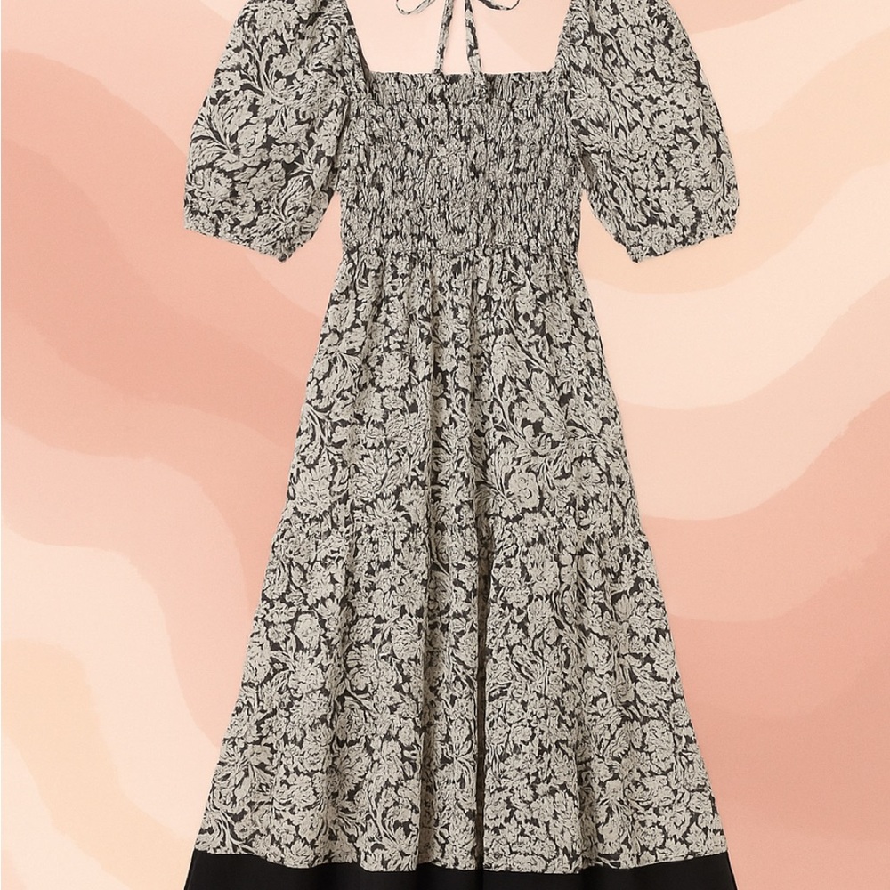 👗🌟Anthropologie Square Neck Smocked Midi Dress Boho Floral Black White XS 0 2 - Picture 5 of 12